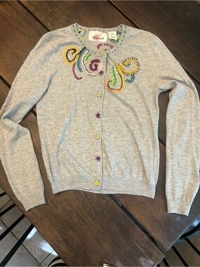 Karen Nicol Anthropologie Light Gray Embroidered Button-Front Cardigan Sweater